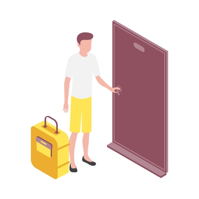 Male traveler with suitcase opening hotel room door 3d isometric vector illustration