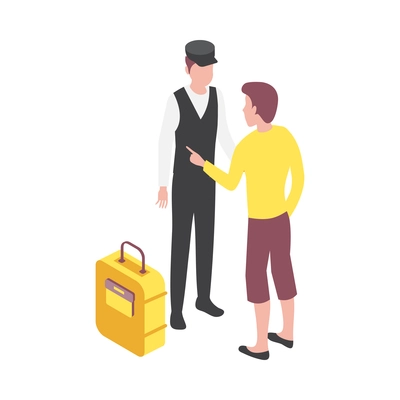 Hotel guest with yellow suitcase talking to doorman 3d isometric vector illustration