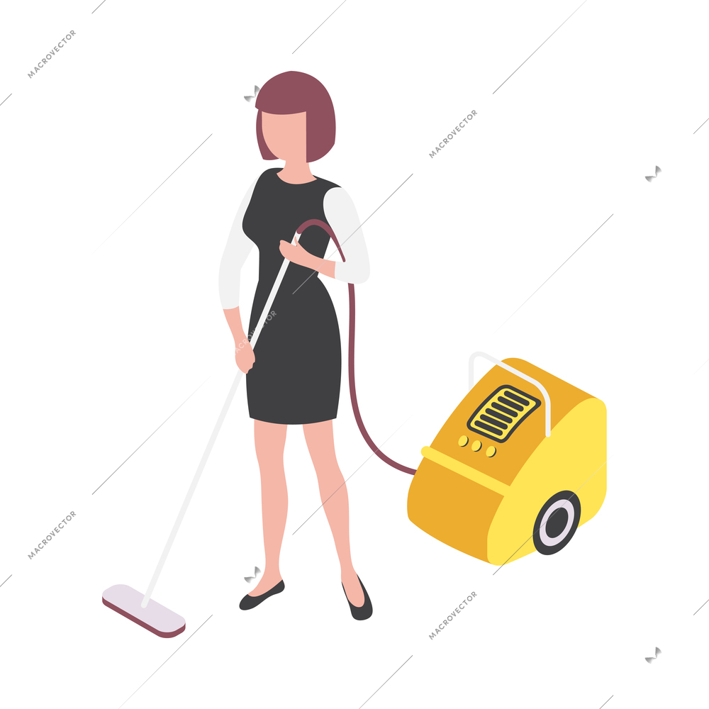 Hotel room maid in uniform vacuuming floor 3d isometric vector illustration