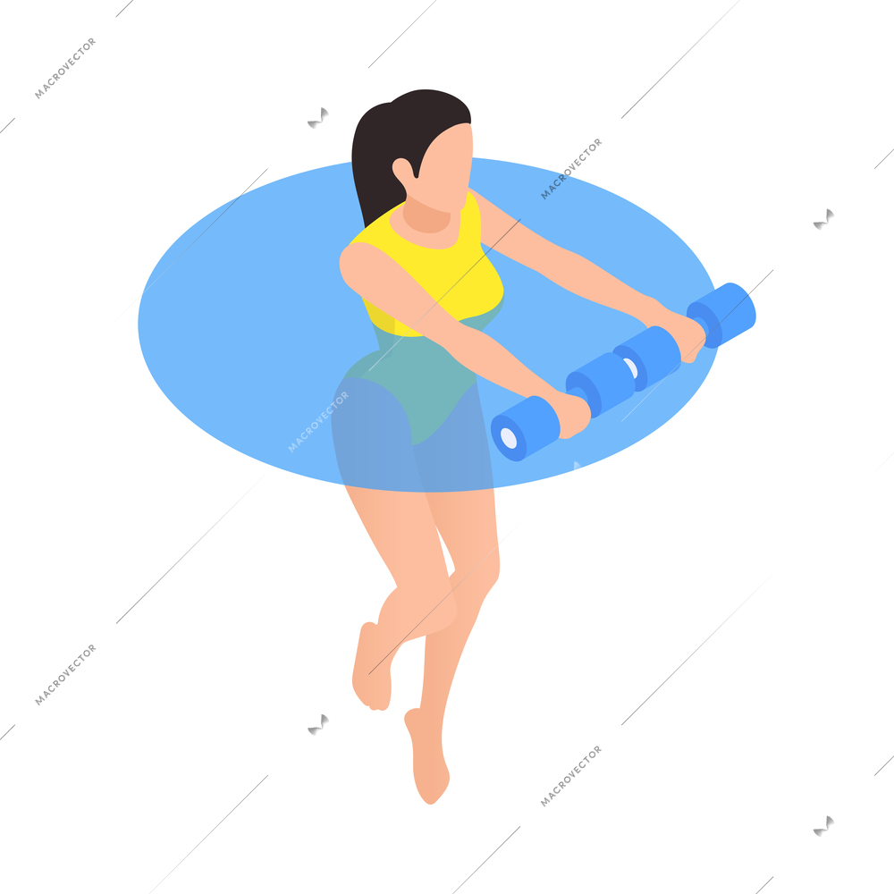 Woman doing water fintess with dumbbells in swimming pool isometric 3d icon vector illustration