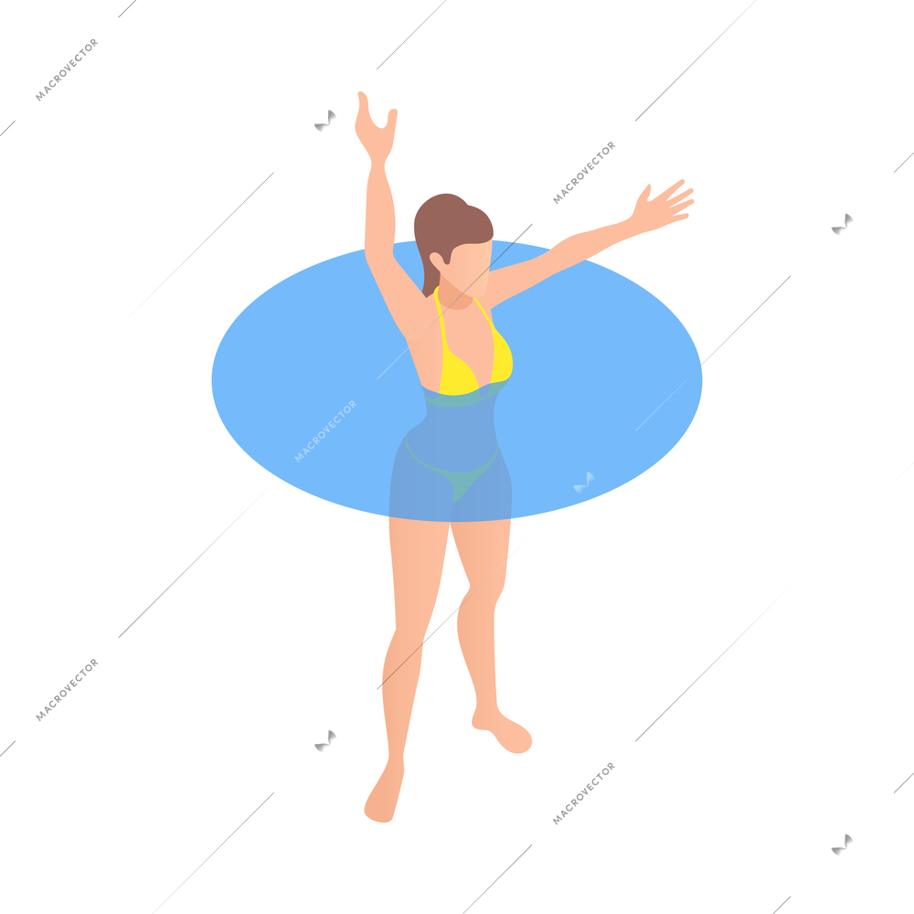 Woman in yellow swimsuit doing water aerobics in pool isometric icon vector illustration