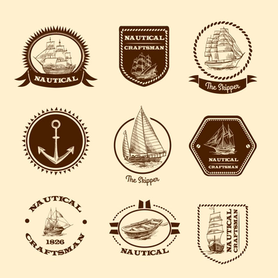 Nautical craftsman skipper emblem set with sketch sailing clipper ships and yachts vector illustration.