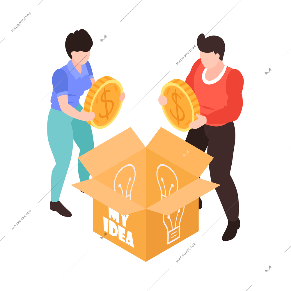 Crowdfunding isometric icon with investors putting money into box 3d vector illustration