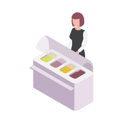 Hotel waitress standing behind counter with food trays 3d isometric icon vector illustration