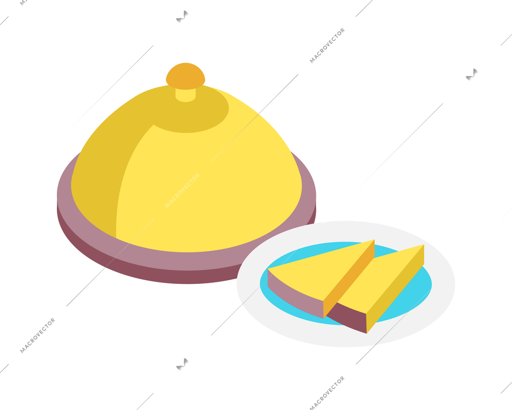 Hotel lunch isometric icon with cloche and plate on blank background 3d vector illustration