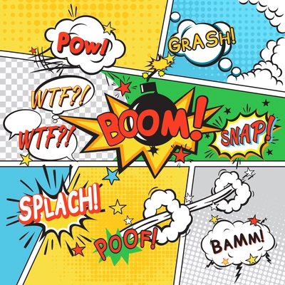 Comic speech bubbles in pop art style on colored cartoon background vector illustration