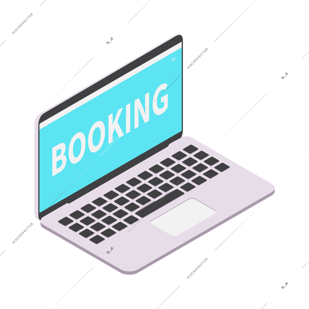Booking hotel rooms or tickets isometric icon with 3d laptop on white background vector illustration