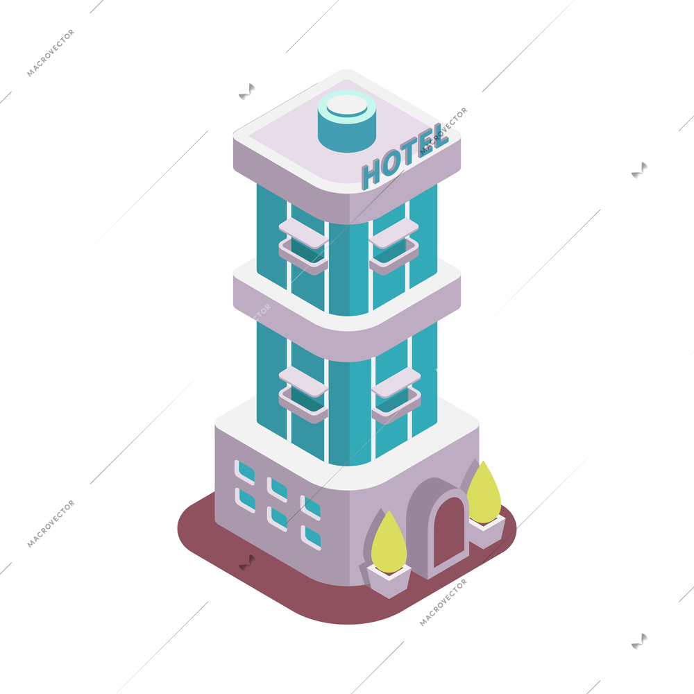 Low rise modern hotel building isometric icon on white background 3d vector illustration