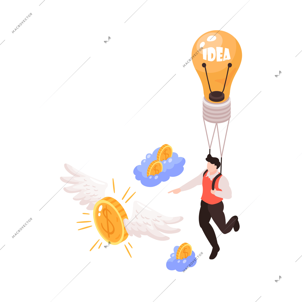 Crowdfunding isometric concept icon with flying coins and human character with idea bulb finding money 3d vector illustration