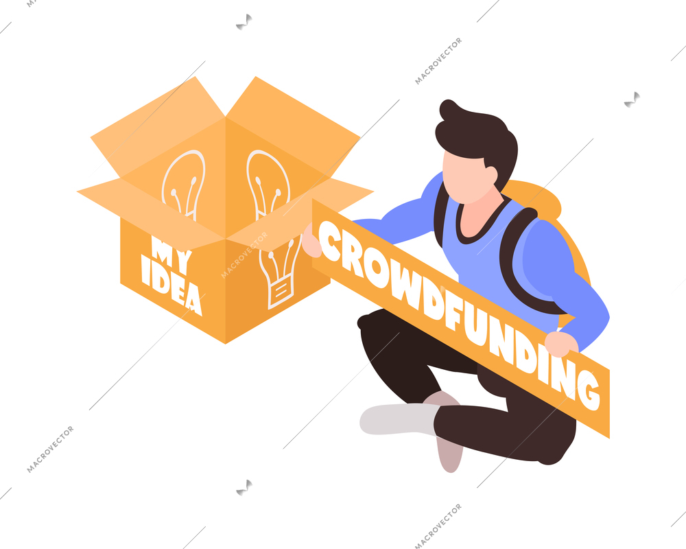 Crowdfunding isometric icon with human character and empty box for money 3d vector illustration