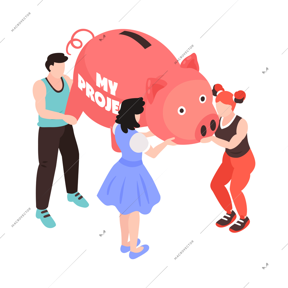 Crowdfunding isometric icon with people holding piggy bank with money for project vector illustration