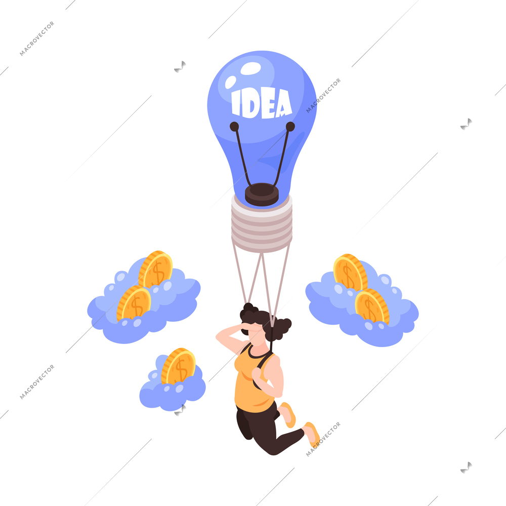 Crowdfunding isometric concept icon with person with idea light bulb looking for investors flying in sky vector illustration