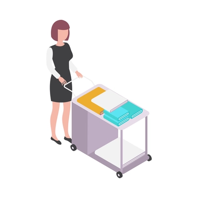 Hotel room maid carrying trolley with clean towels isometric icon 3d vector illustration