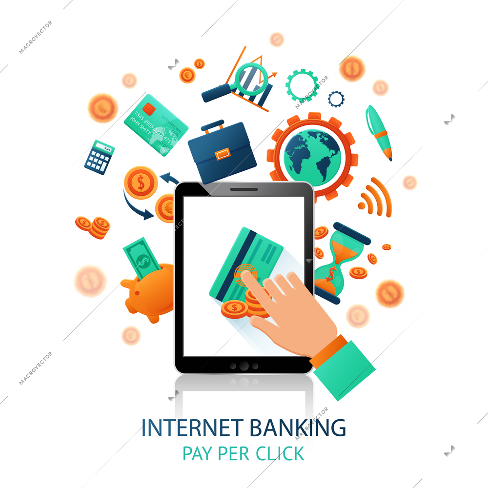 Internet banking application with hand touching tablet and online payment icons vector illustration