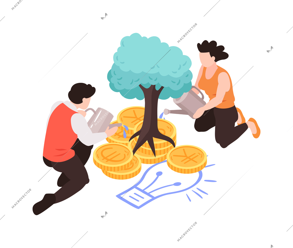 People nurturing idea for crowdfunding watering tree with coins isometric icon vector illustration