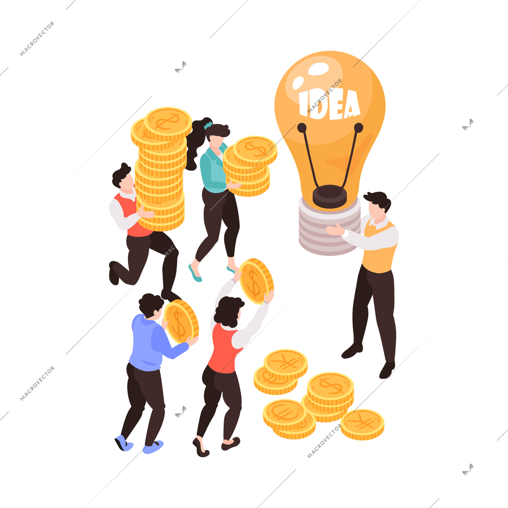 Crowdfunding isometric icon with characters of investors giving money 3d vector illustration