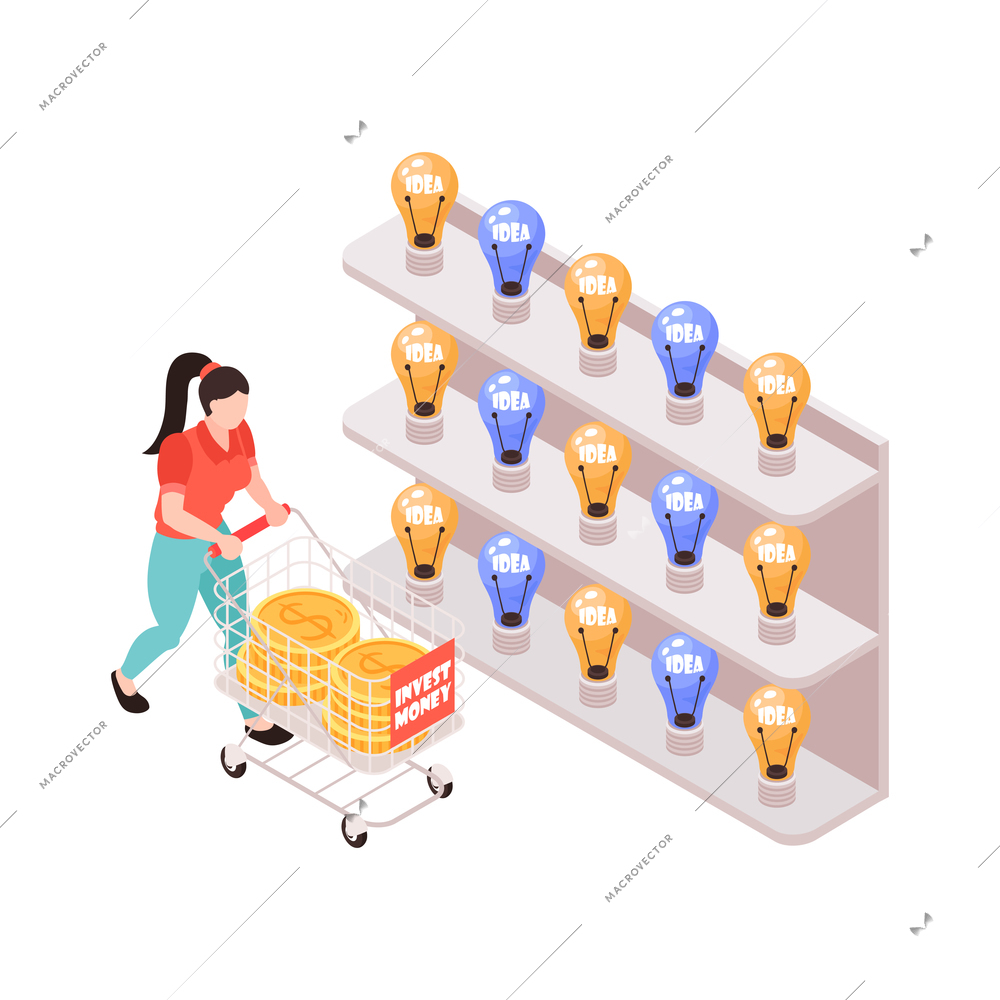 Crowdfunding isometric icon with female investor choosing project shopping for ideas 3d vector illustration