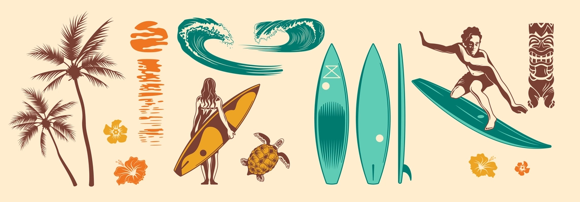 Summer holidays hand drawn color set of palm trees surfboards big waves retro travel bus vector illustration