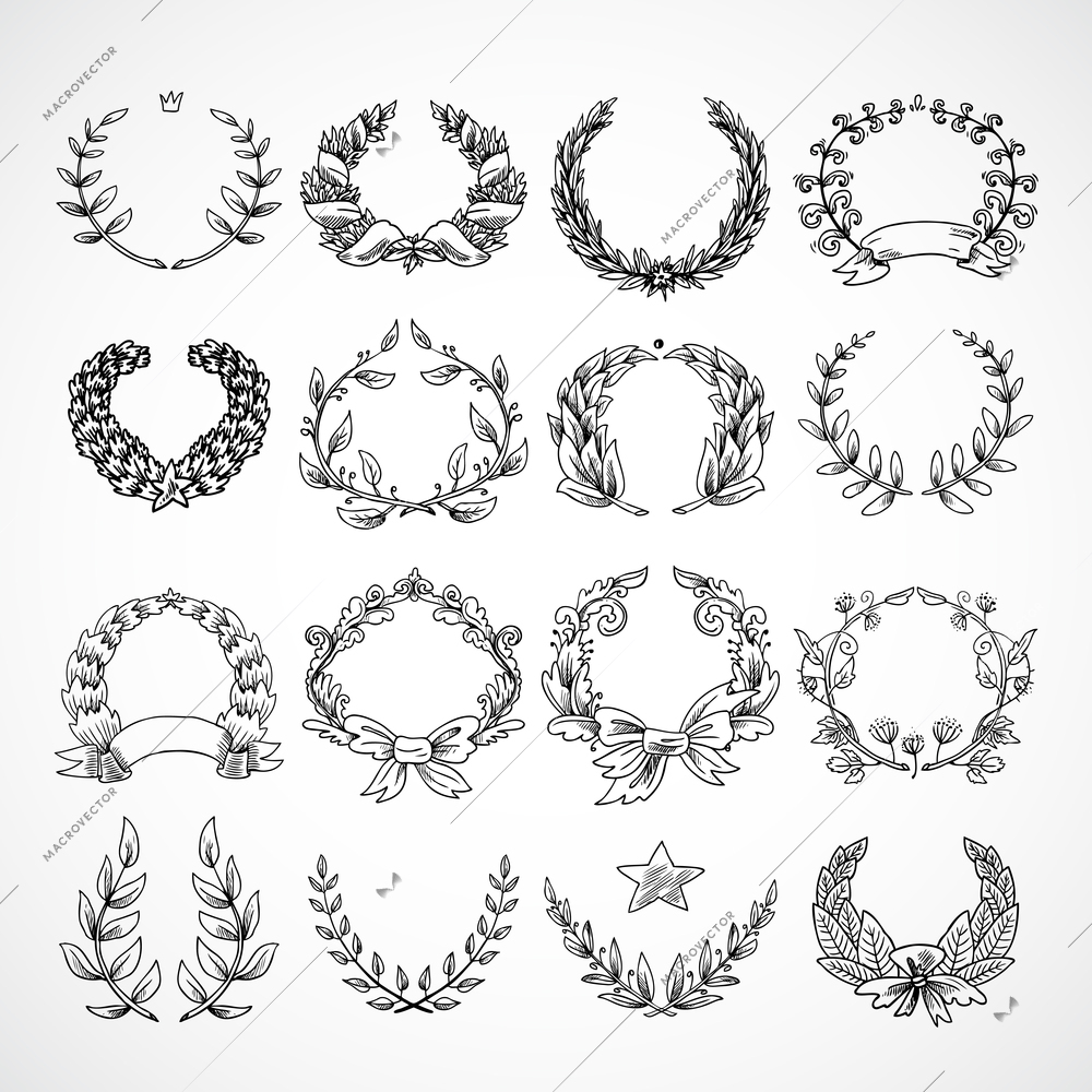 Laurel wreath heraldic decorative icons set sketch isolated vector illustration