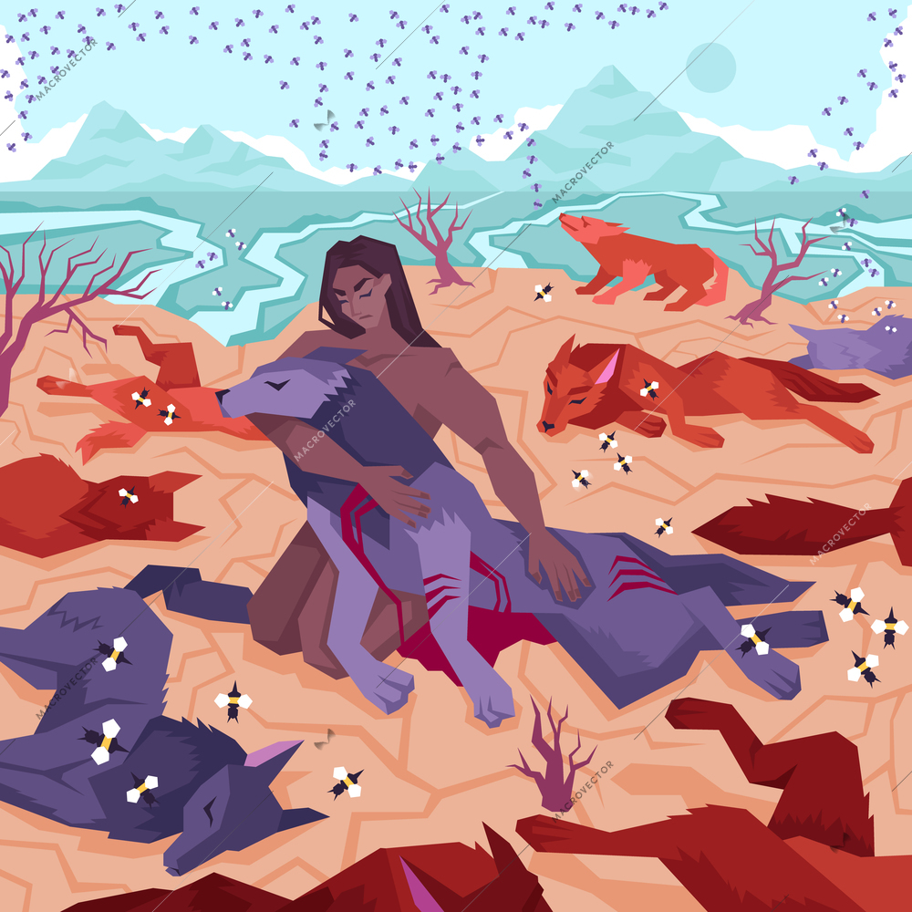 Flat mowgli composition with Mowgli is hugging the body of a wolf and there are wolves and flies all around vector illustration