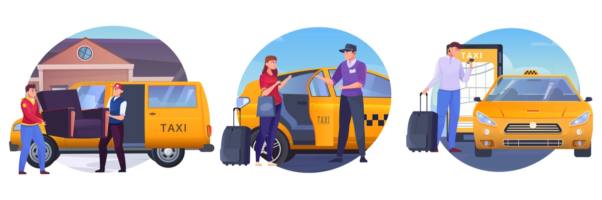 Round images of loading and ordering a taxi on a white background flat vector illustration