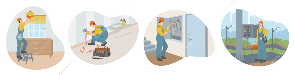 Electric workers flat compositions with professional electricians performing electric works indoor and outdoor isolated vector illustration