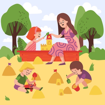 Kindergarten sandbox composition with outdoor scenery and kids playing in sand with nursery teacher cartoon character vector illustration