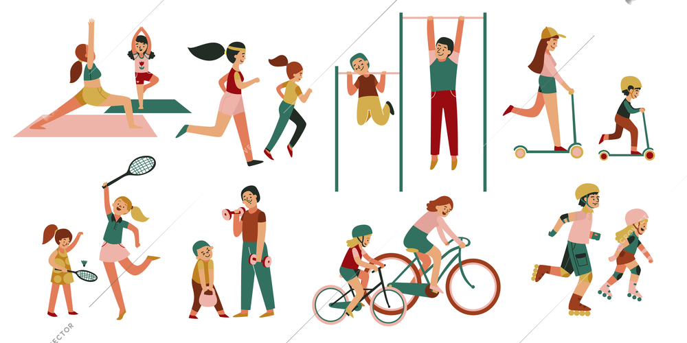 Family fitness icon set with isolated characters of teenage kids parents doing different kinds of sports vector illustration