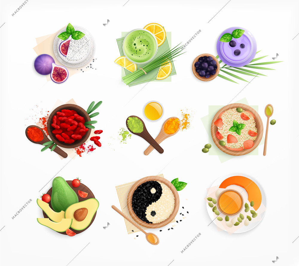 Superfood flat set of nine isolated images with top view of served dishes on blank background vector illustration