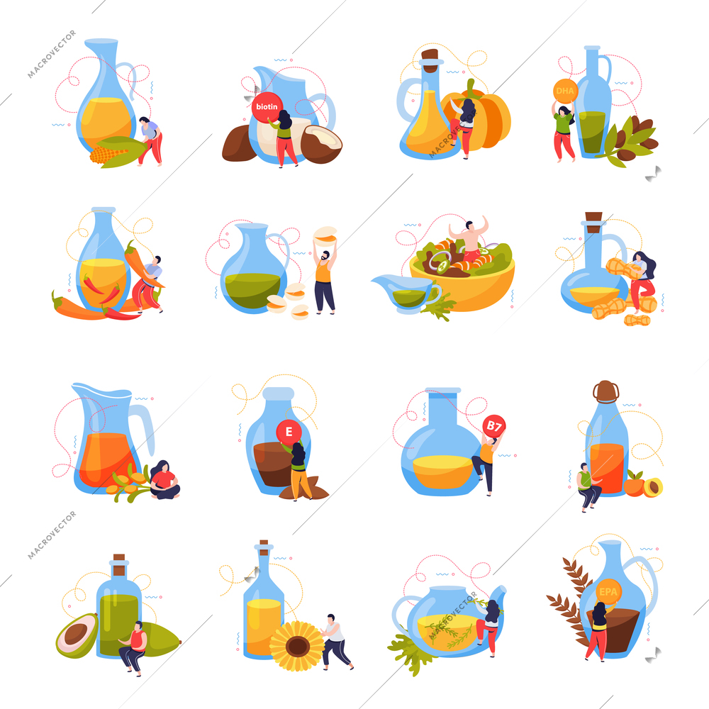 Food oils flat icons collection of oil types and products from which they are extracted flat vector illustration