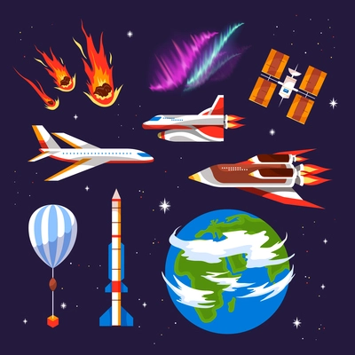 Earth atmosphere colored and isolated icon set with meteorites earth rockets satellites atmosphere vector illustration