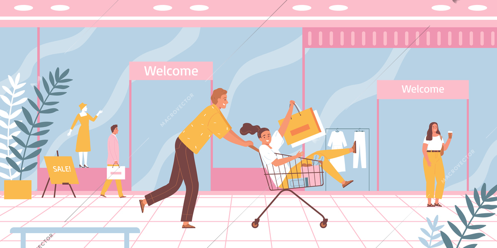 Couple in love supermarket shopping composition with man pushing wheel cart with sitting woman and bags vector illustration