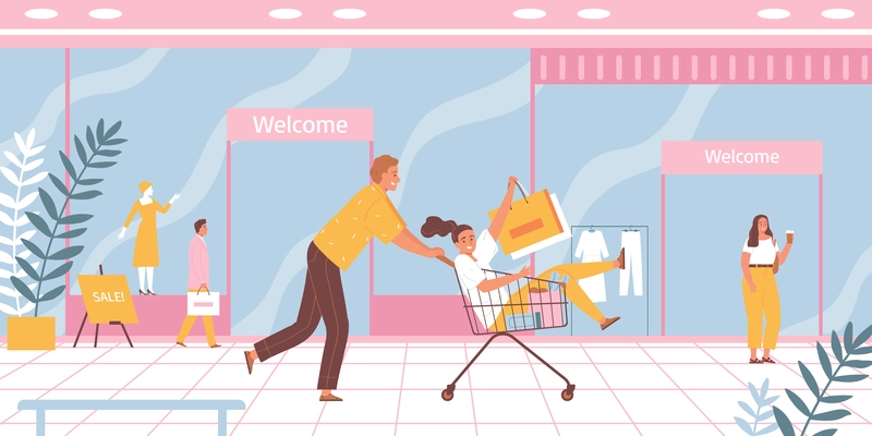 Couple in love supermarket shopping composition with man pushing wheel cart with sitting woman and bags vector illustration