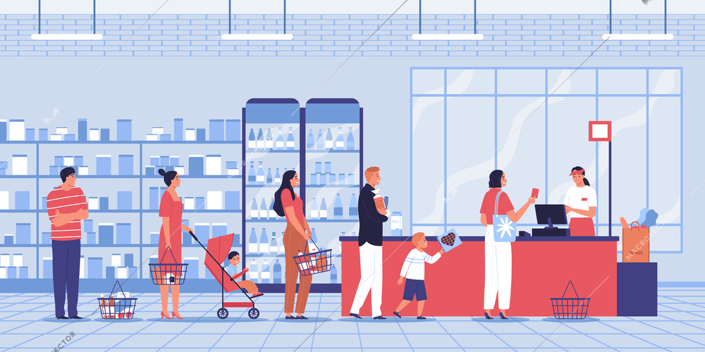 Queue in supermarket composition with indoor scenery and people standing in checkout line with baskets carts vector illustration