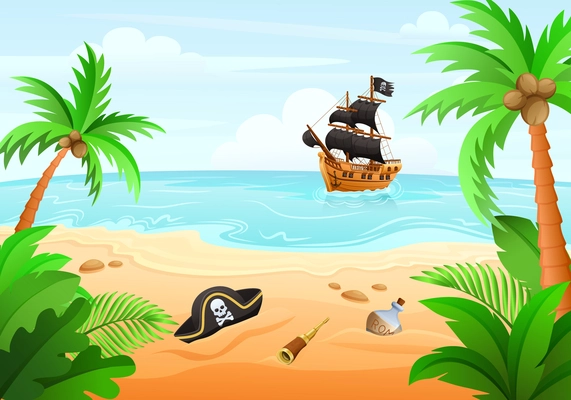 The pirate ship sails to the island where pirate attributes are scattered vector cartoon illustration