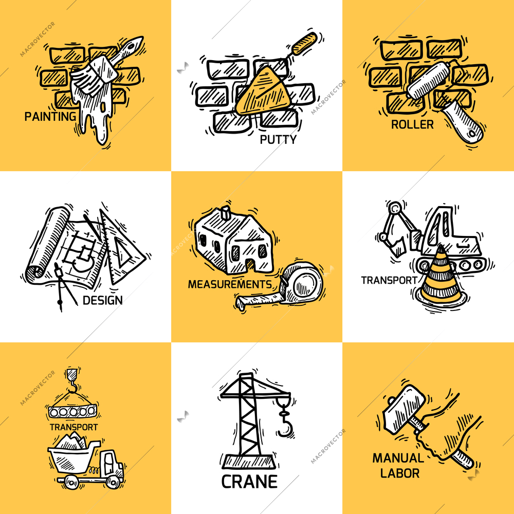 Construction sketch decorative icons set with painting putty roller isolated vector illustration