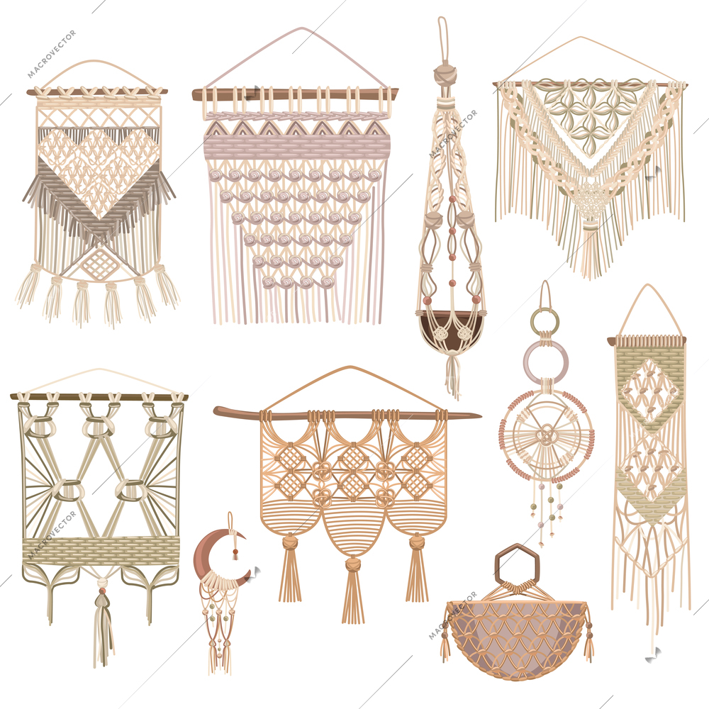 Macrame style objects set of handcrafted wall hanging and kashpo for home flowerpot isolated on white background flat vector illustration