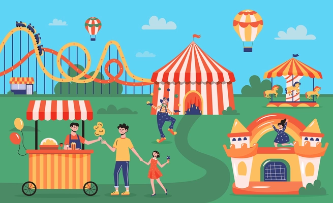 Amusement park composition with outdoor landscape and flying air balloons with attractions and characters of visitors vector illustration
