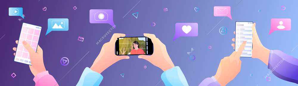 Vlog equipment phone shooting flat composition with gradient background chat bubbles pictograms and hands with smartphones vector illustration