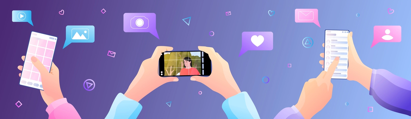 Vlog equipment phone shooting flat composition with gradient background chat bubbles pictograms and hands with smartphones vector illustration