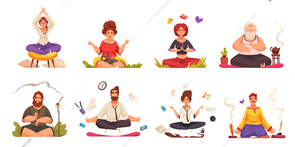 Meditation yoga practice relaxation in lotus pose outdoor home in office 8 cartoon compositions isolated vector illustration