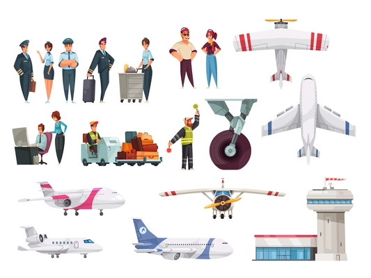 Airport cartoon set luggage loading  terminal airplane takeoff sport aircraft control tower crew passengers pilot stewardess vector illustration