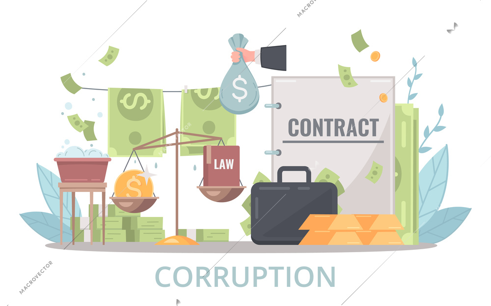 Corruption money laundering cartoon composition with banknotes drying on clothesline illegal contracts briefcase with golden bars vector illustration