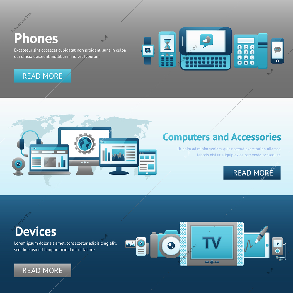 Devices design banner set with phones computers and accessories isolated vector illustration