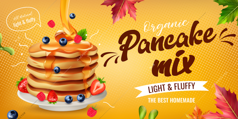 Realistic horizontal poster with delicious homemade pancakes with maple syrup and fresh berries vector illustration