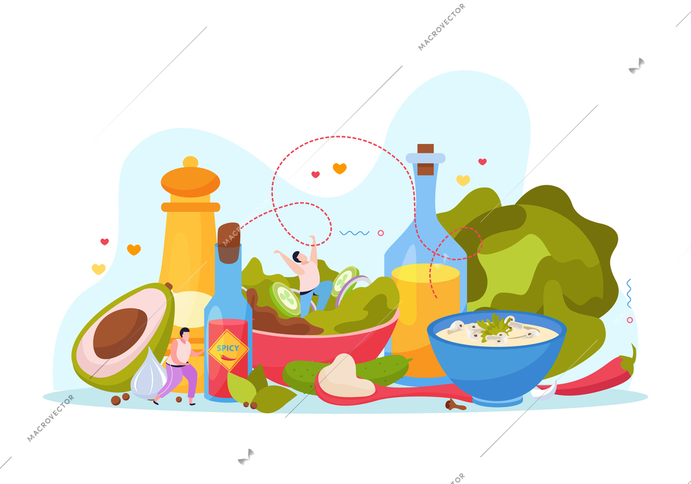 Spices concept flat colored composition with greens vegetables and seasonings in bottles and containers vector illustration