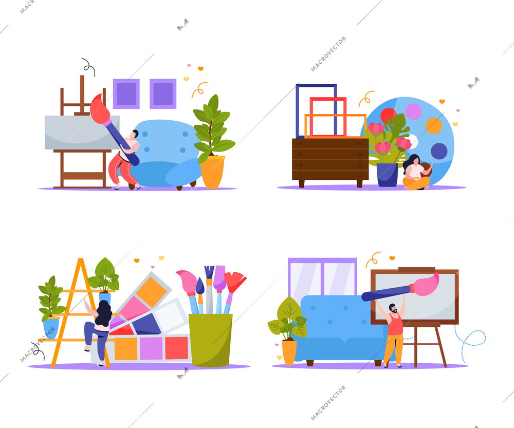 International artists day 2x2 flat design concept set of artist painting materials and tools cartoon vector illustration