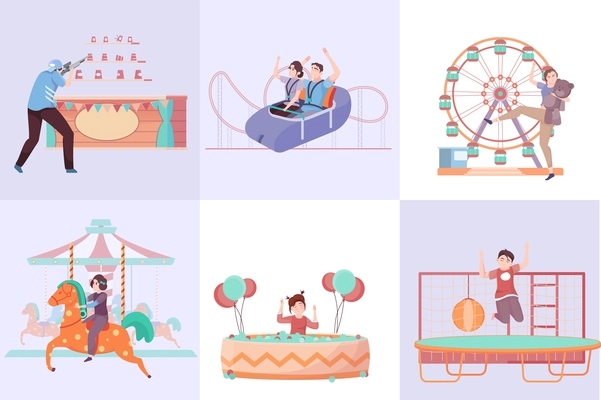 Entertainment set of six square compositions with flat images of happy people riding amusement park facilities vector illustration