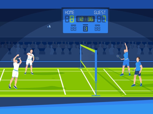 Doubles badminton tournament with four men playing on court with silhouette of spectators on background flat vector illustration