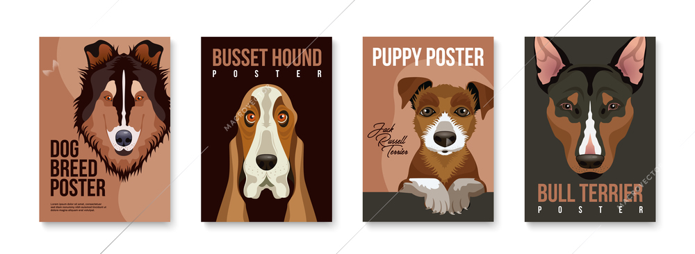 Dogs and puppies breeds vertical posters set with flat portraits of rough collie busset hound jack russel and bull terrier isolated vector illustration